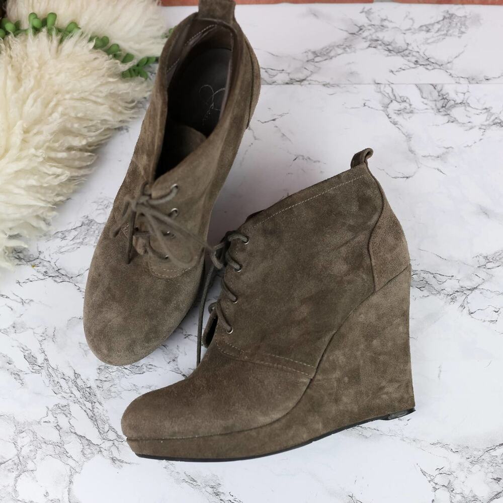 Jessica Simpson Catcher Brown Taupe Suede Leather Wedge Lace UP Booties Size 9